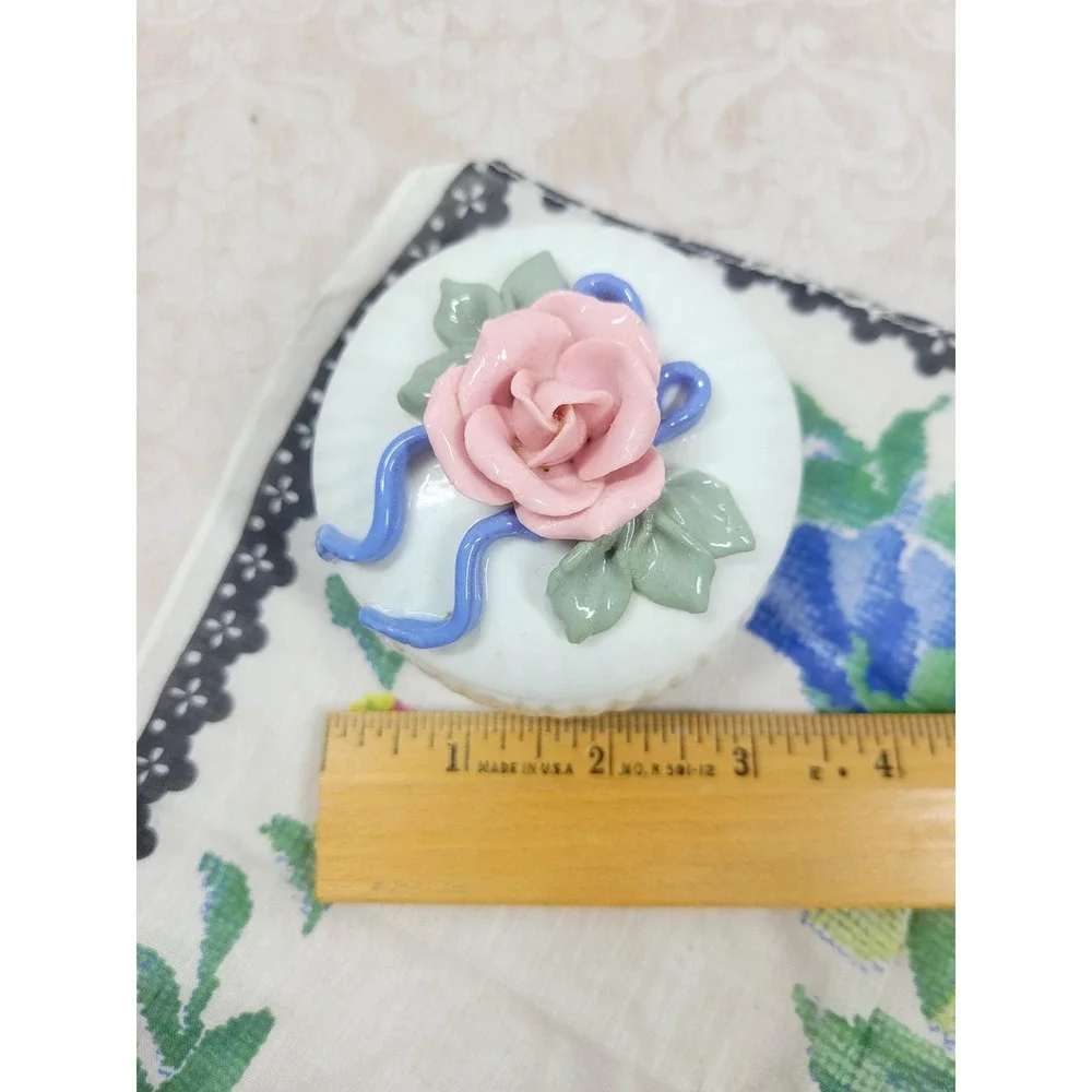 Dainty Porcelain Rose Trinket Box Round Blue Ribbon Accent 3